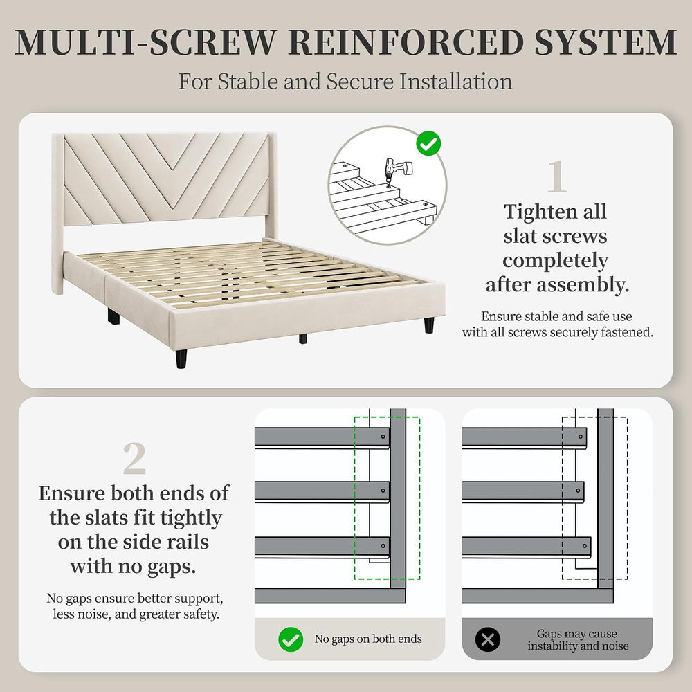 Yaheetech Queen Bed Frame with Chevron Channel-Tufted Headboard, Beige