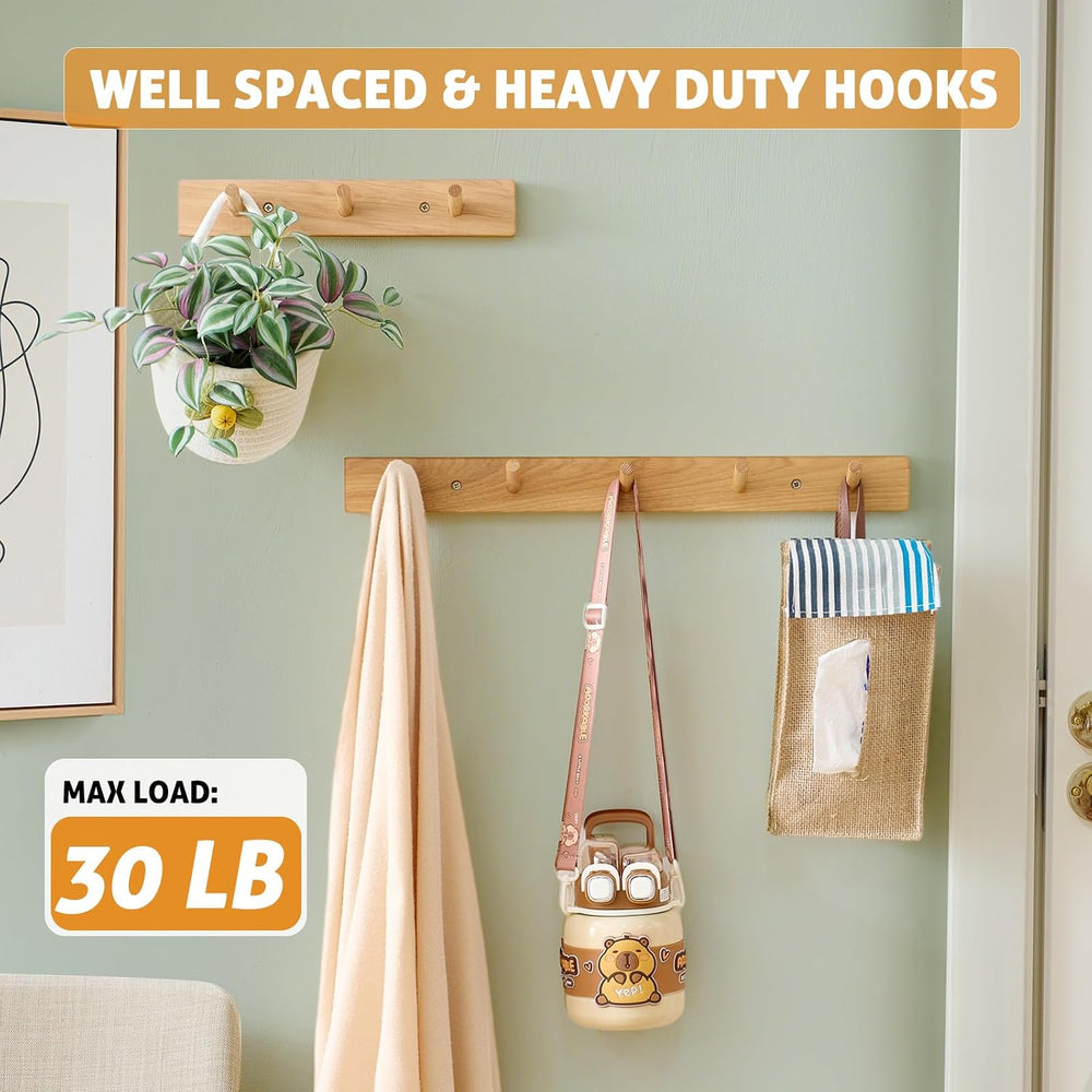 Wall Mounted Coat Rack 24 inches, Hickory Wood Wall Coat Hooks with 6 Hooks, ...
