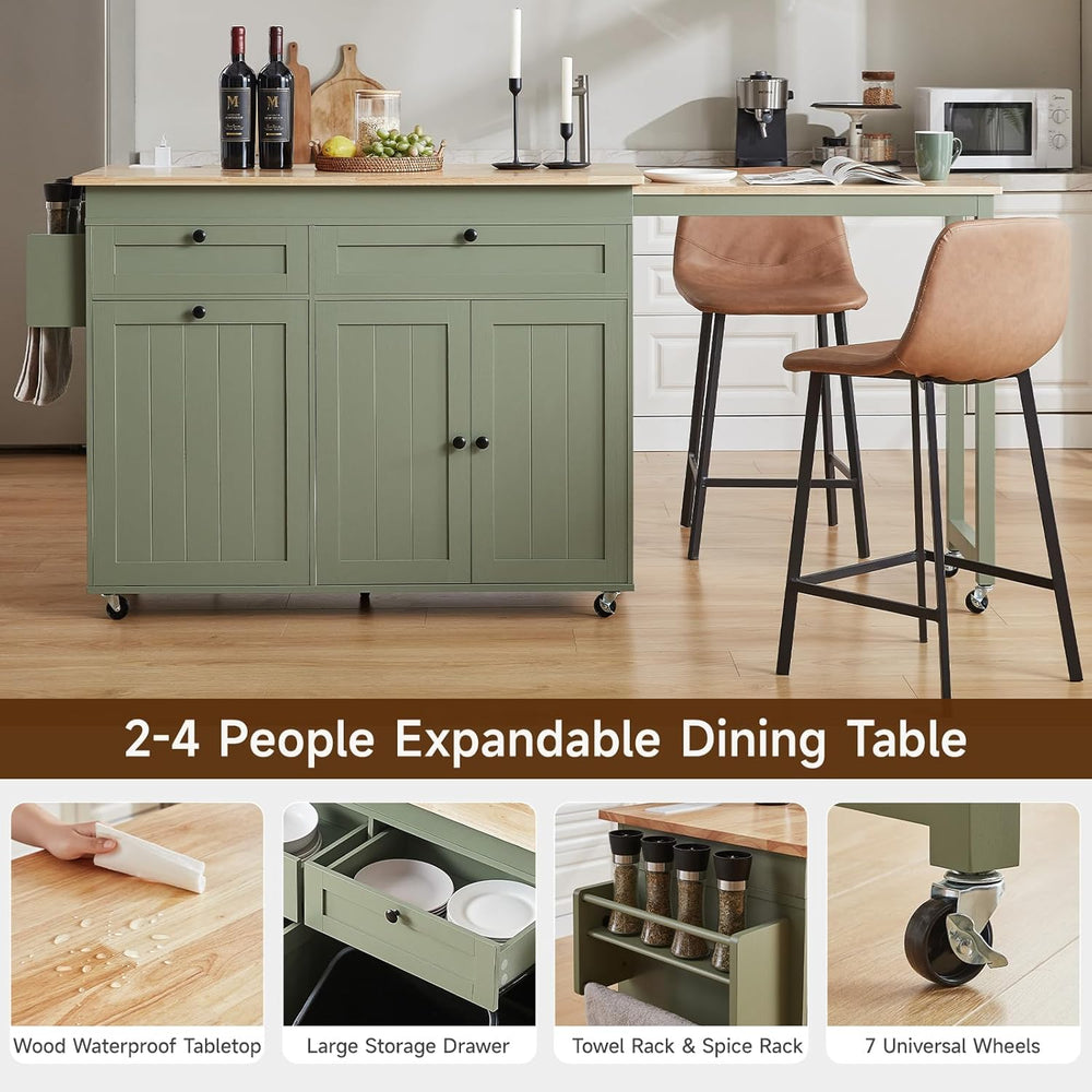 Kitchen Islands with Extendable Dining Table, Mobile Storage Islands, Green