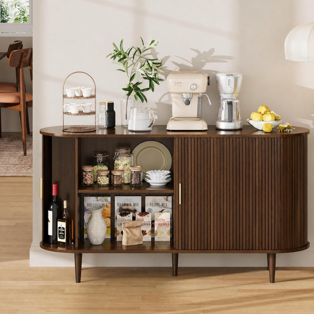 DHH Sideboard Buffet Cabinet with Storage,Mid Century Modern Fluted Accent Coffee Bar Console Table,Tambour Sliding Doors& Adjustable Shelf for Kitchen, Living Room, Entryway(Walnut,55 Inch)