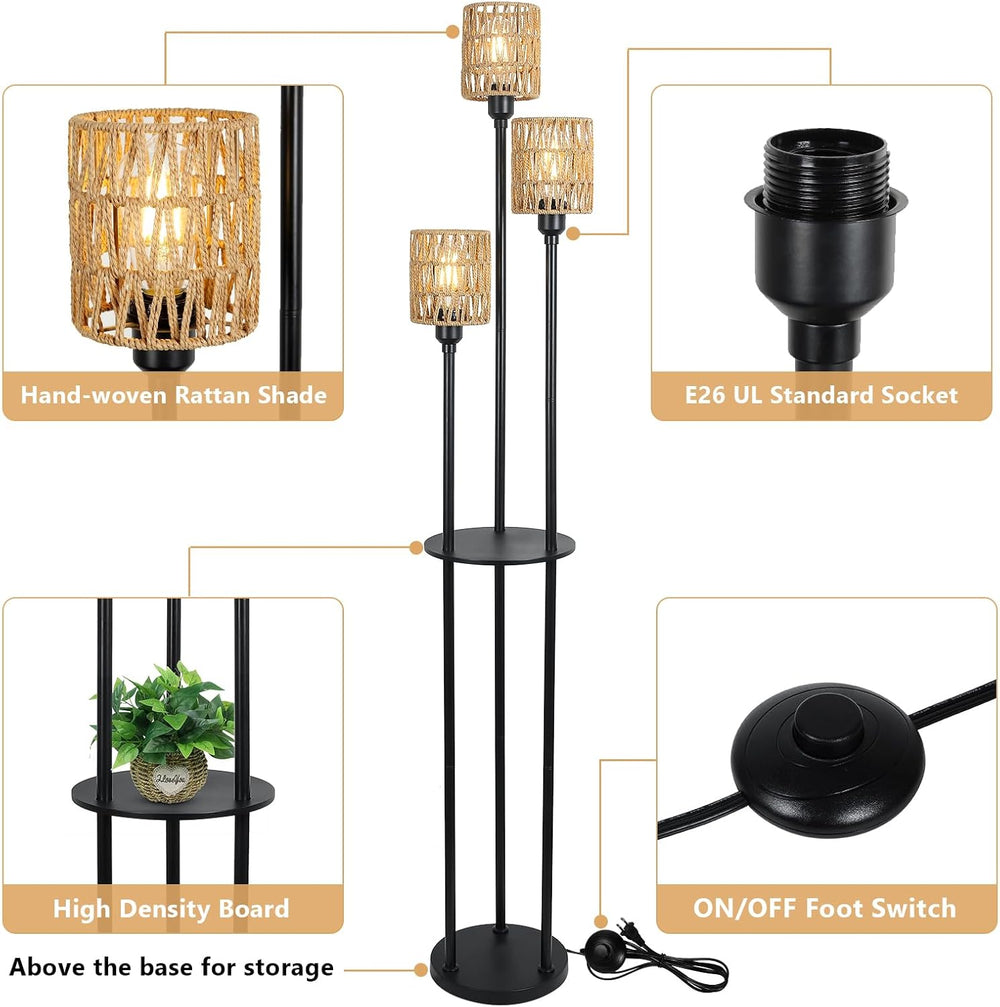 Boho Floor Lamp with Shelves, 3-Lights Farmhouse Tall Floor Lamp with ON/Off ...