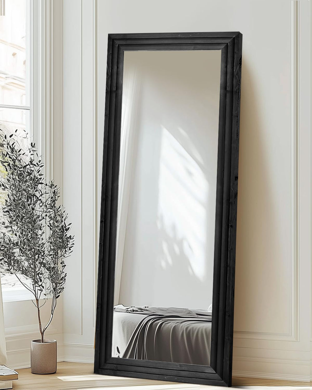 65x24in Full Length Mirror, 3-Tier Stepped Solid Wood Frame, Black