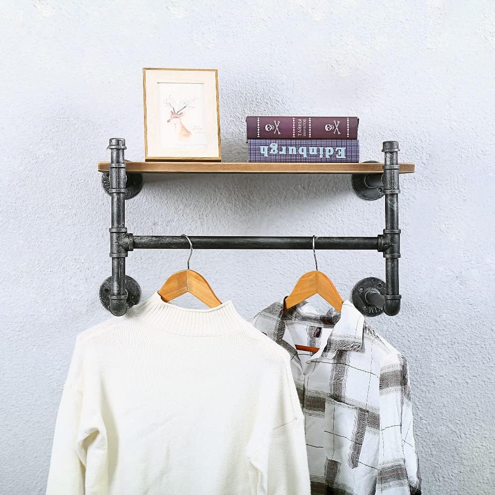 Industrial Pipe Clothing Rack With Shelves,Wall Mounted Clothes Rack 24In