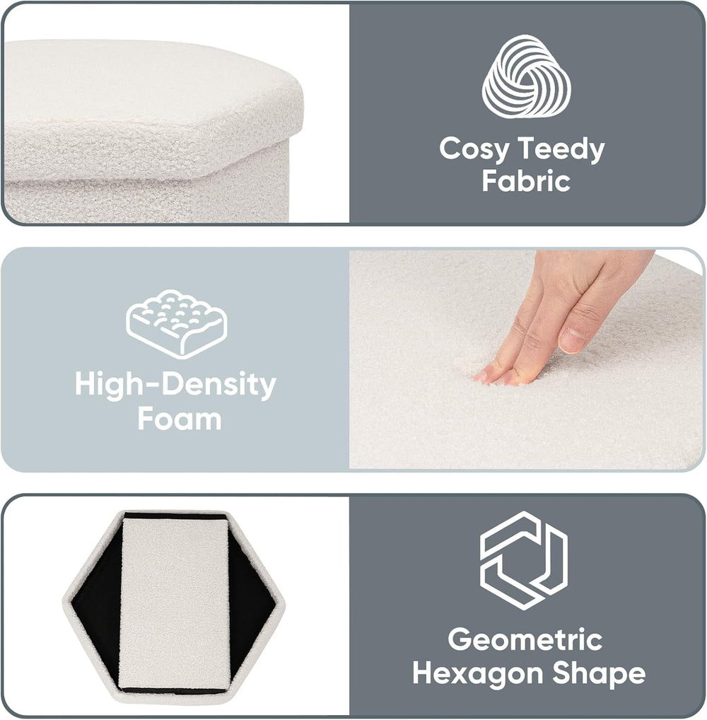 Hexagon Storage Ottoman, 15 Inch Foldable Footstool, Cream White