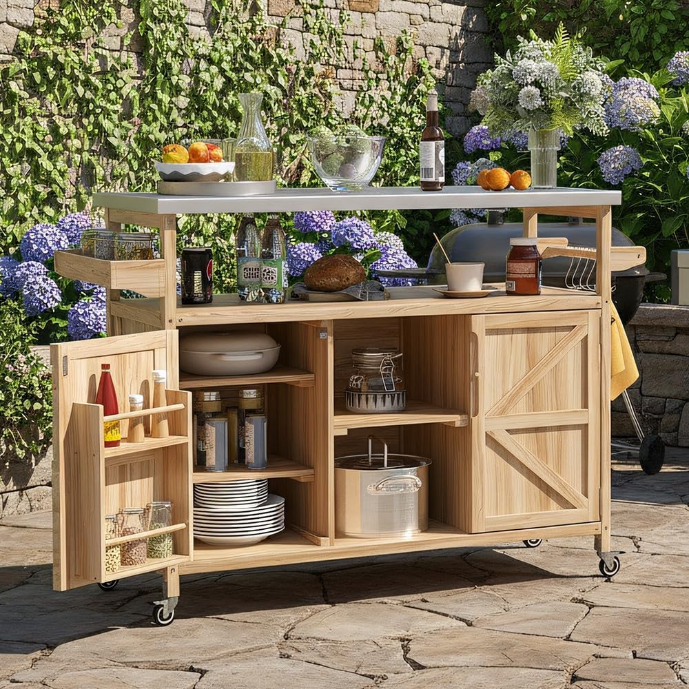 Merax 50" Outdoor Kitchen Grill Cart Island on Wheels with Stainless Ste...