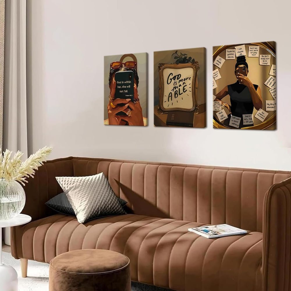 Framed Black Girl Wall Art Set of 3, Fashion Inspirational Black Woman Wall D...