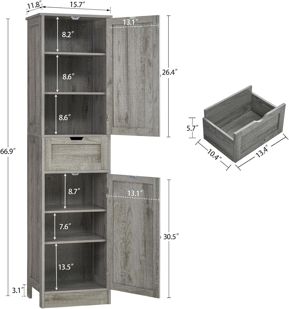 Iwell 66.9" Tall Bathroom Storage Cabinet with 2 Doors & 1 Drawer