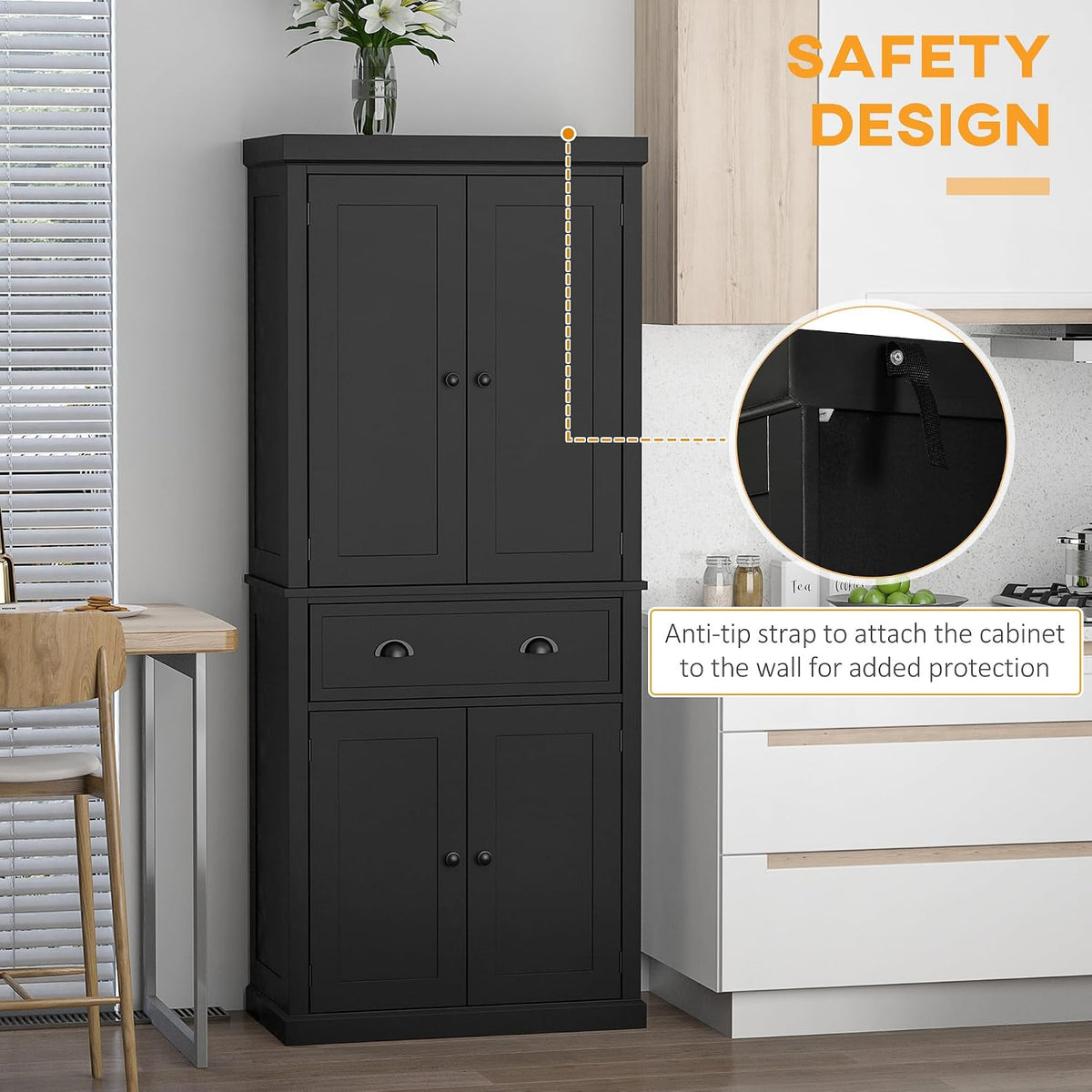 HOMCOM 72.5" Kitchen Pantry Cabinet Freestanding 4 Doors Black