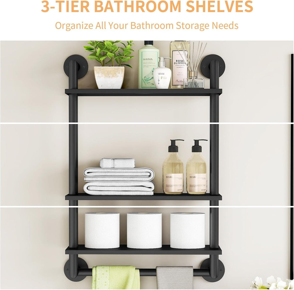 STWWO Bathroom Shelves Wall Mounted, 3 Tier Black Bathroom Shelf with Bar