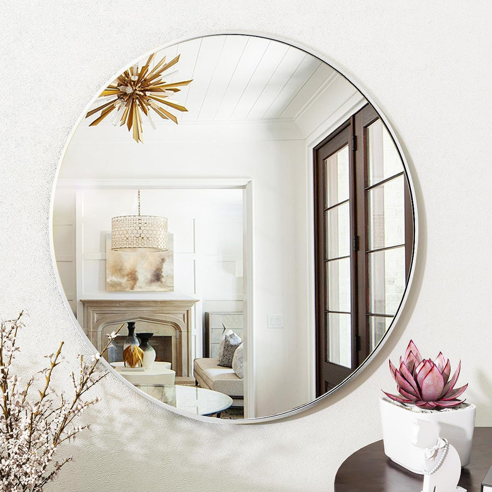 VooBang Silver Round Bathroom Mirror 24", Thin Metal Frame Wall Mirror