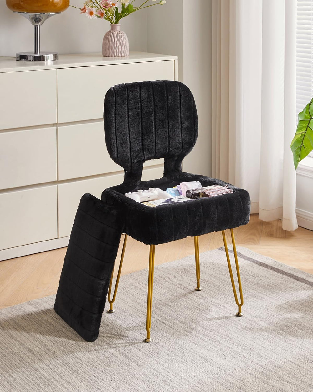 IBUYKE Vanity Stool with Storage, Folding Back Makeup Chair, Black WBD030B