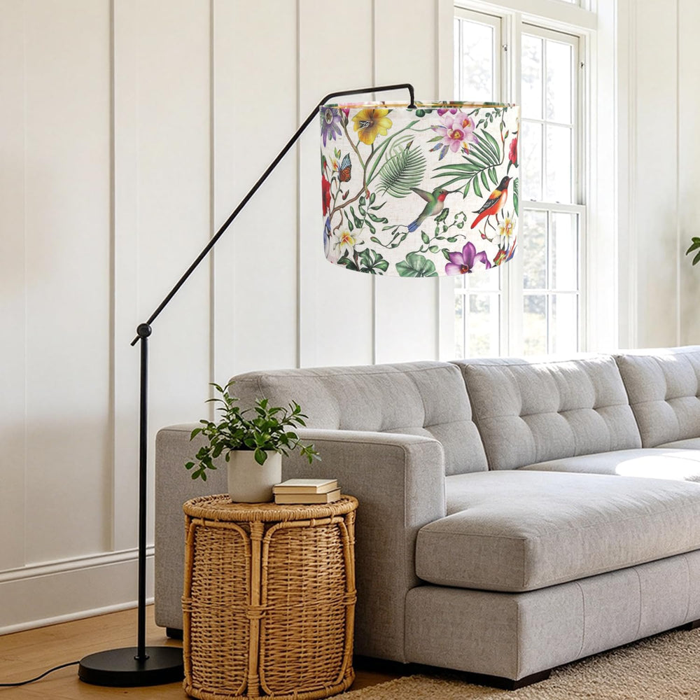 Drum Lampshades, Print Floral Linen Lamp Shade with Golden Frame