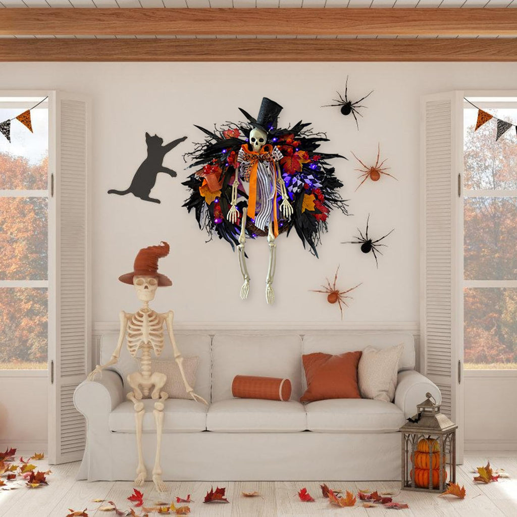 HipTree 28 Inch Halloween Skeleton Wreath for Front Door with Lights