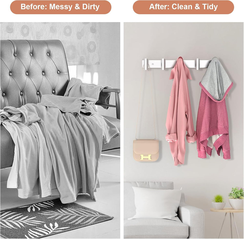 PMMASTO Wall Mounted Coat Rack, Silver- 5 Hooks, 2 Pack, T Shape