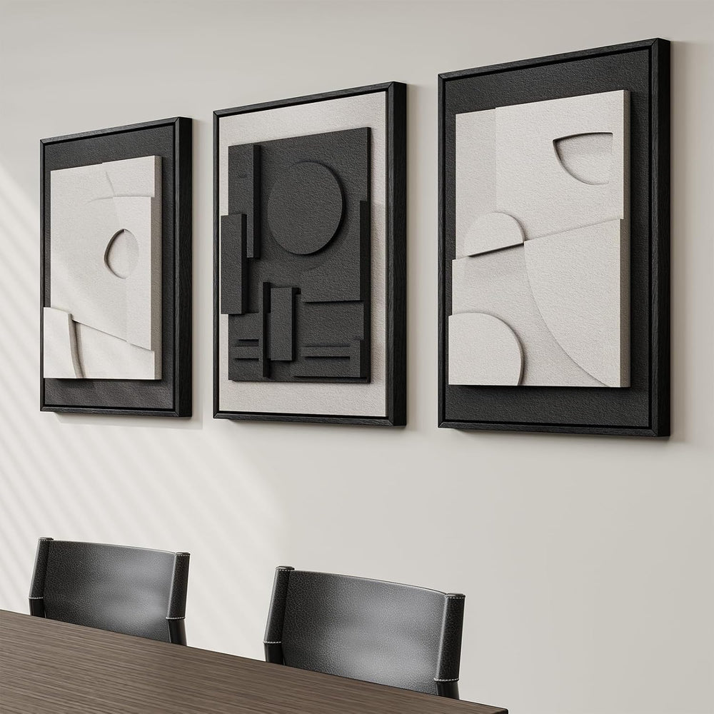 3D Textured Framed Black and White Abstract Wall Art Set of 3, 16x24 In
