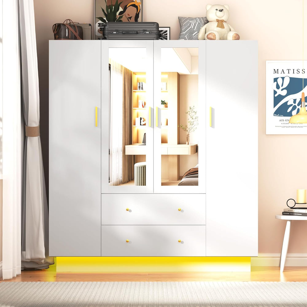 chartustriable 4 Doors Armoire Wardrobe Closet with Mirror, LED Armoire with ...