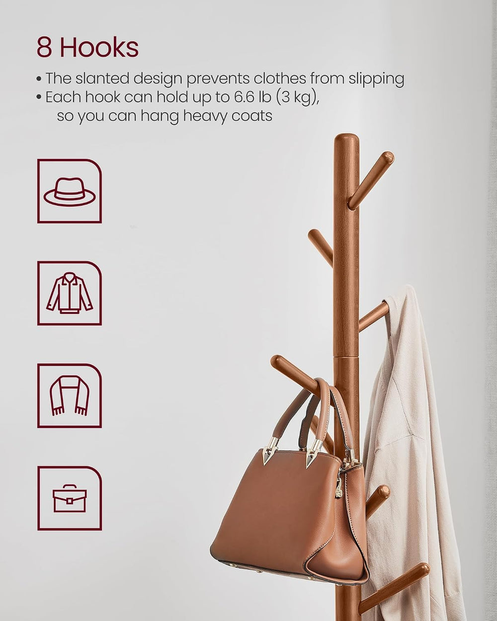 VASAGLE Solid Wood Coat Rack, Free Standing, Tree-Shaped, with 8 Hooks