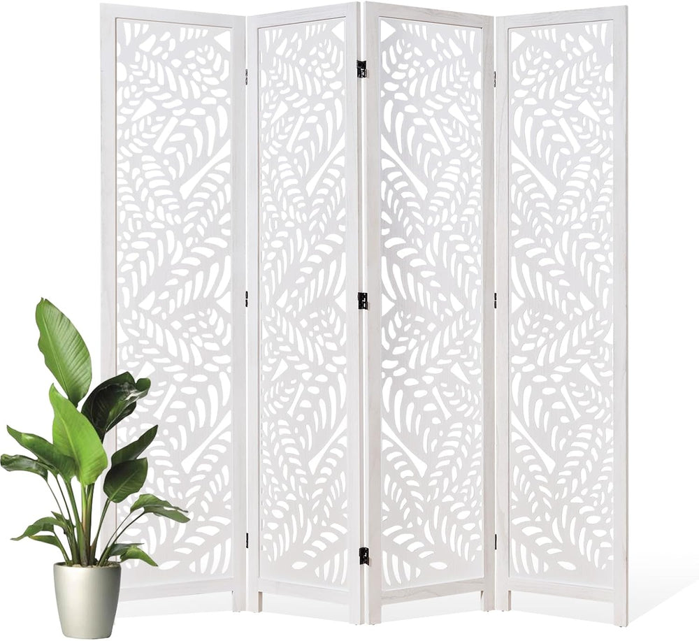 Leaf-Carved Room Divider Privacy Screen - 67 Inch Tall Foading Decorative Woo...