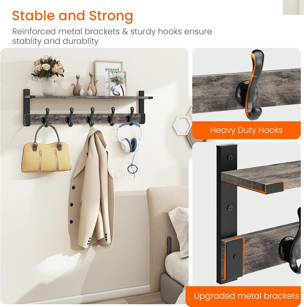 Homode Coat Rack Wall Mount with Shelf, 29 Inch Wall Shelf with Hooks, Grey
