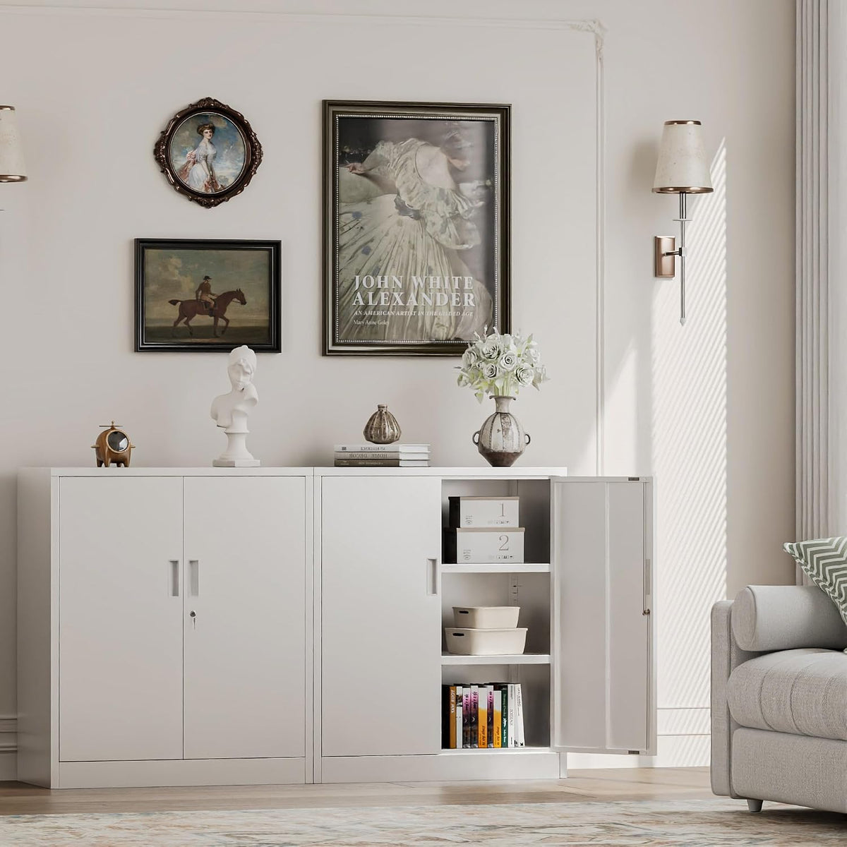 Metal Storage Cabinets，36" H White Metal Cabinet with Doors and 2 Adjustable Shelves, Lockable Storage Cabinets for Office, Home, Garage, Warehouse
