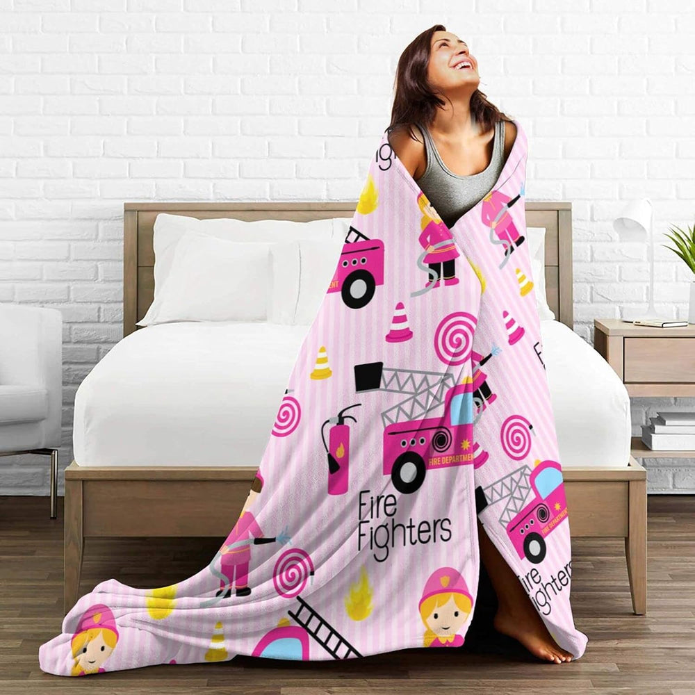 Girly Firefighters Cute Pink Fire Truck Throw Blanket Super Soft Warm Bed Bla...
