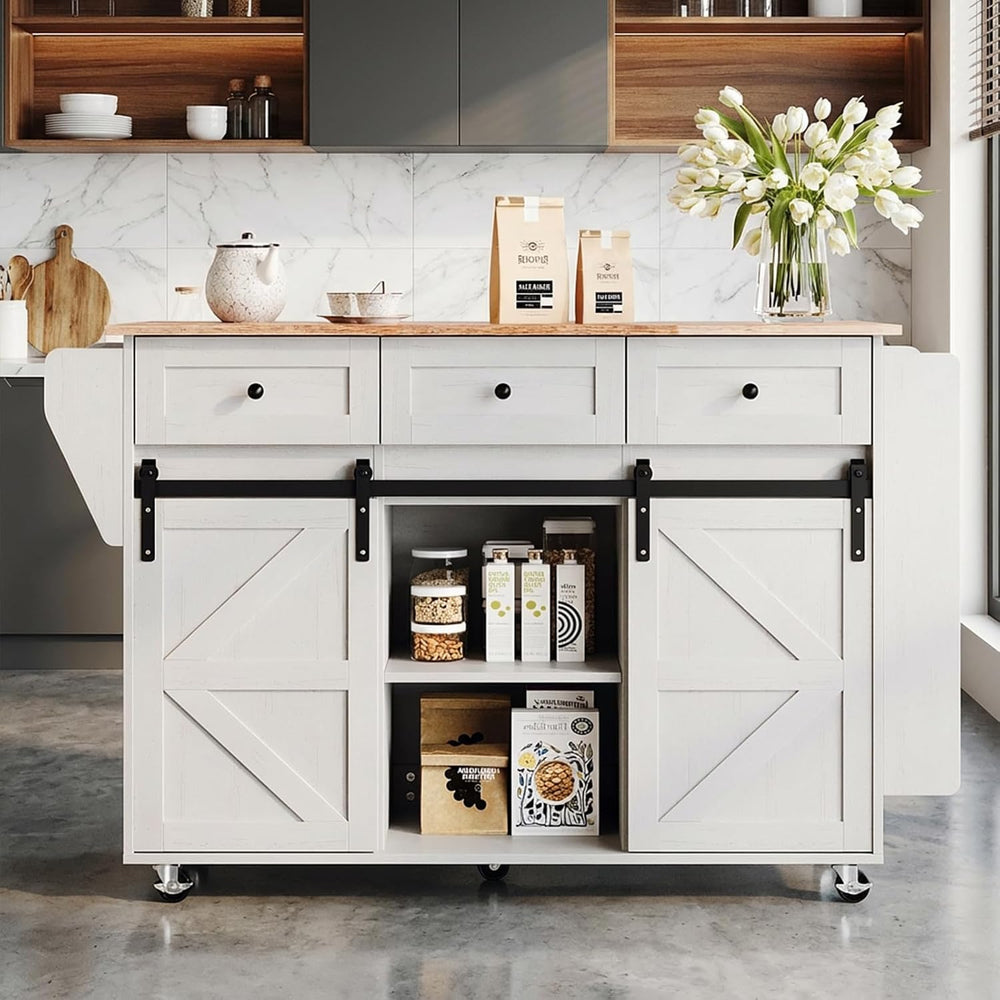 VINGLI 52" W Rolling Kitchen Island with Storage, Sliding Doors, White
