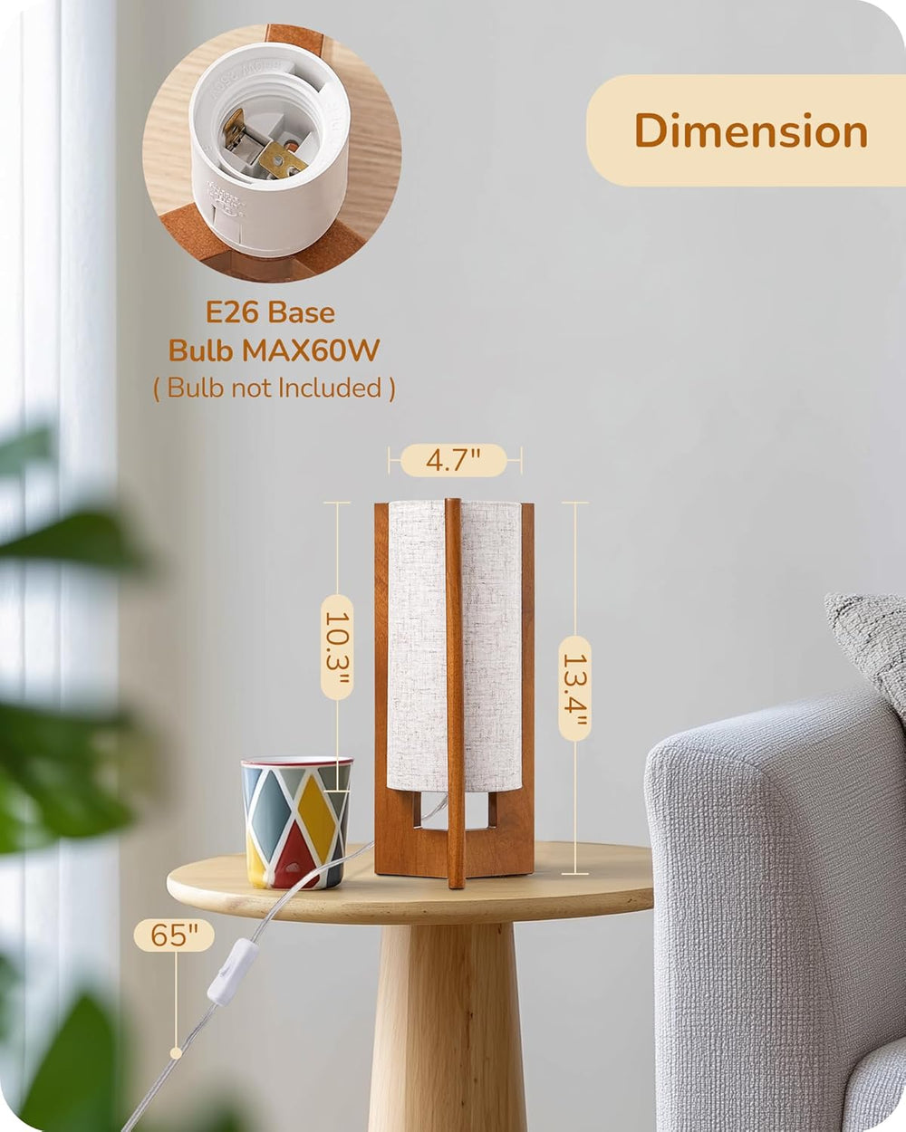 EDISHINE 13.5" Table Lamp, Rose Wood Cylinder Bedside Lamp, E26 Base, 2Pack