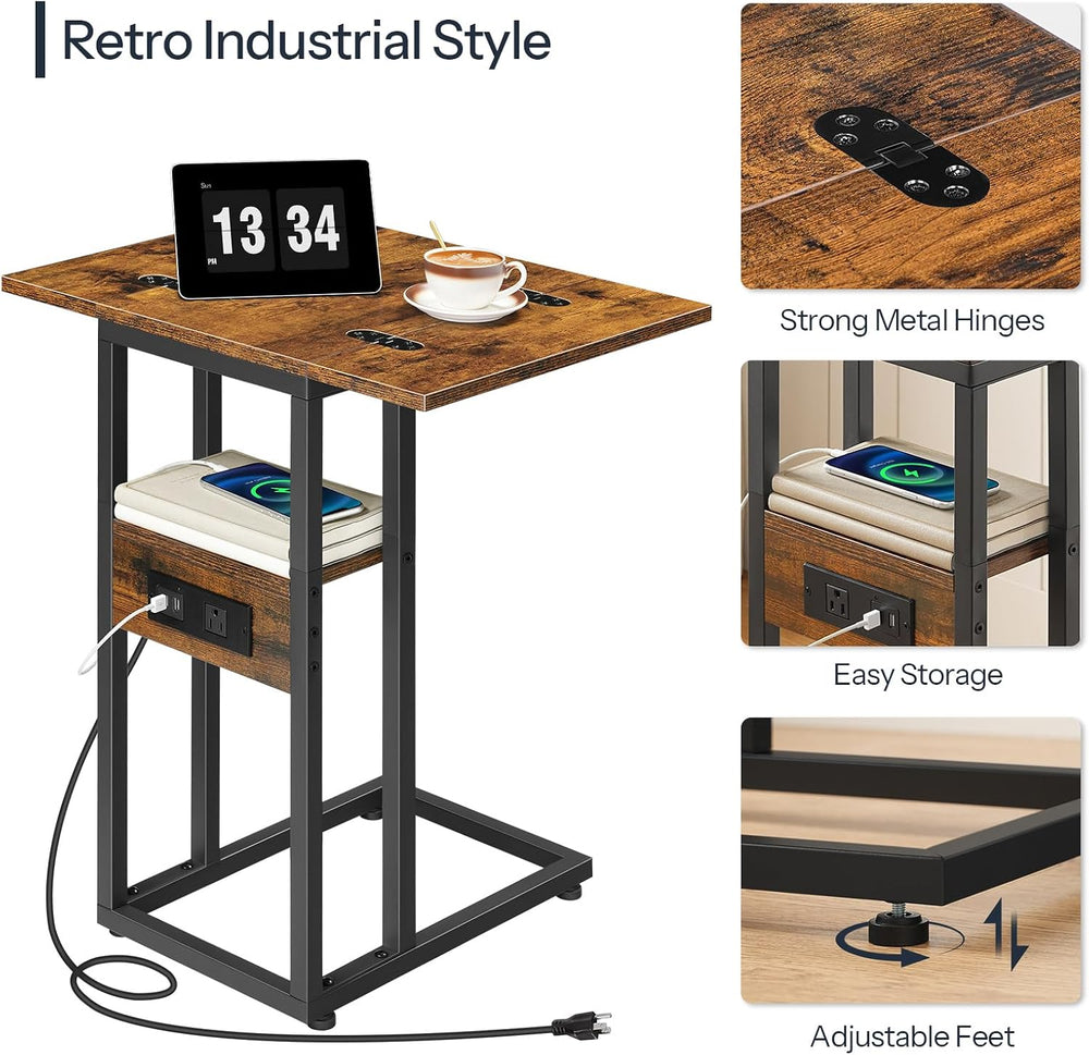 HOOBRO Foldable C Shaped End Table, Side Table with Charging Station