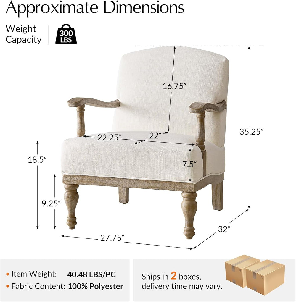 HULALA HOME Farmhouse Accent Chair Set of 2 Solid Wood Frame, Ivory