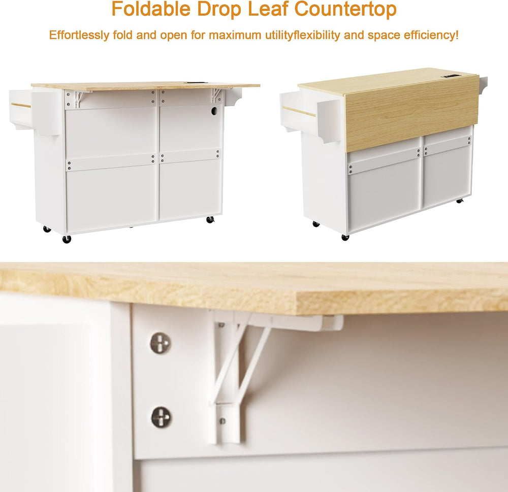 Modern Kitchen Island Cart with Power Outlet & Drop Leaf, Rolling Storage...