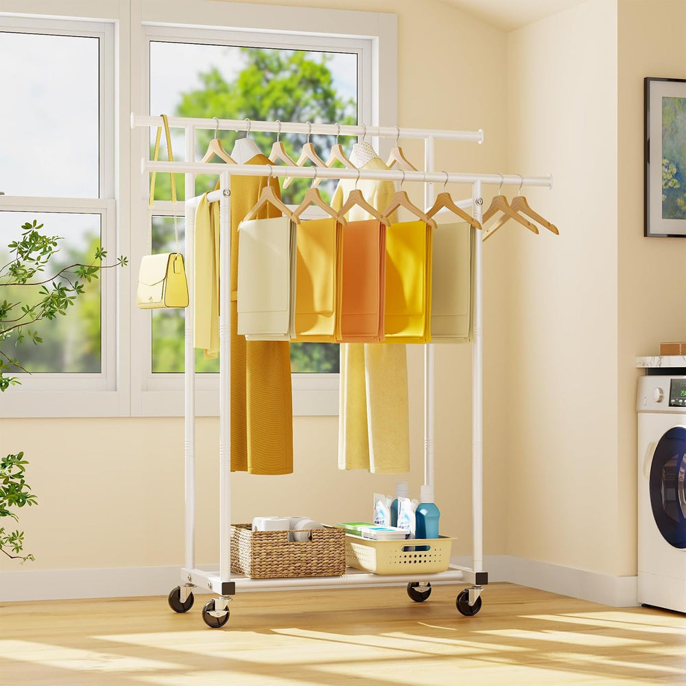 HYSEYY Double Rods Clothes Rack, Rolling Clothing Rack for Hanging Clothes Po...