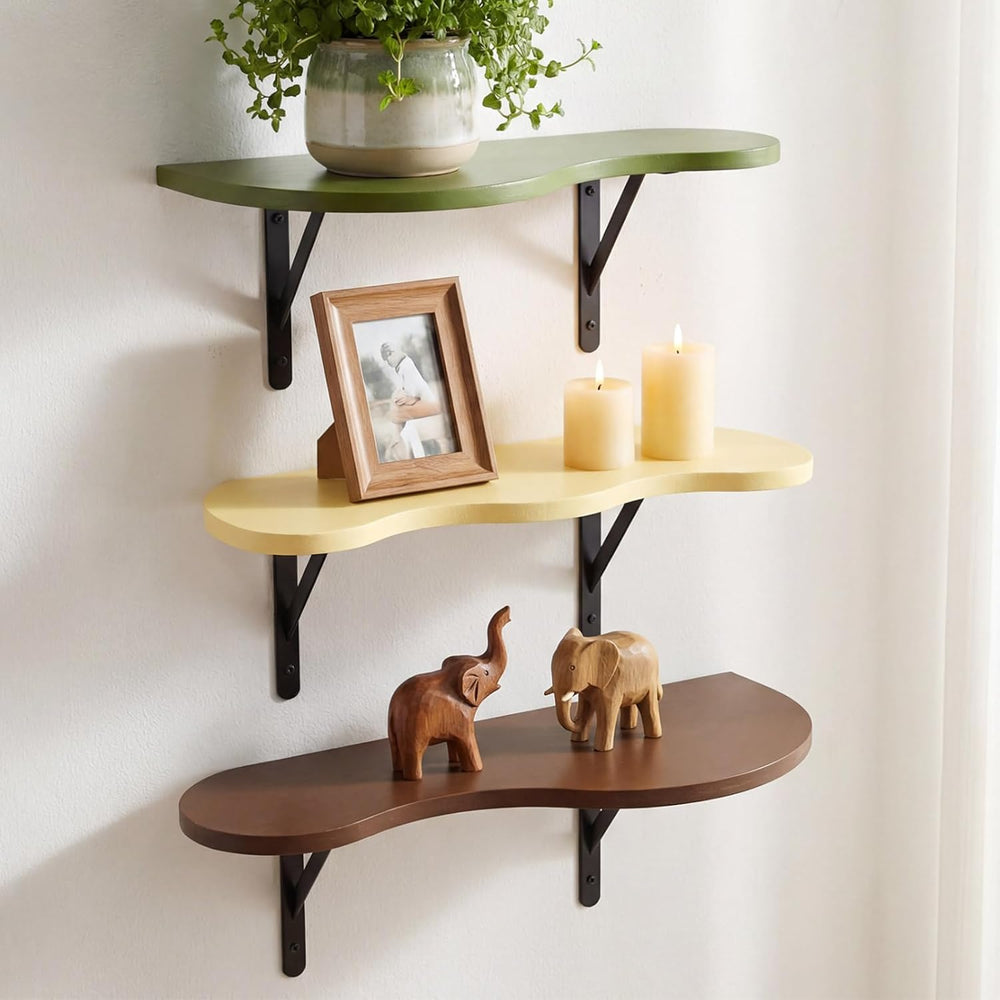 AceOrbit 3 Pcs Mid Century Floating Shelves Wavy Cloud Shelves Wooden Shelf L...