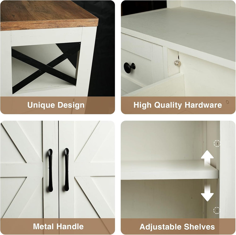 White Farmhouse Storage Cabinet with Doors and Drawers, Small Pantry Hutch