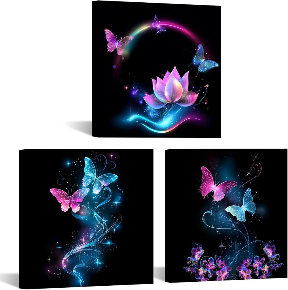 iKNOW FOTO Canvas Set of 3 Abstract Purple Butterfly Wall Art Flower Painting...