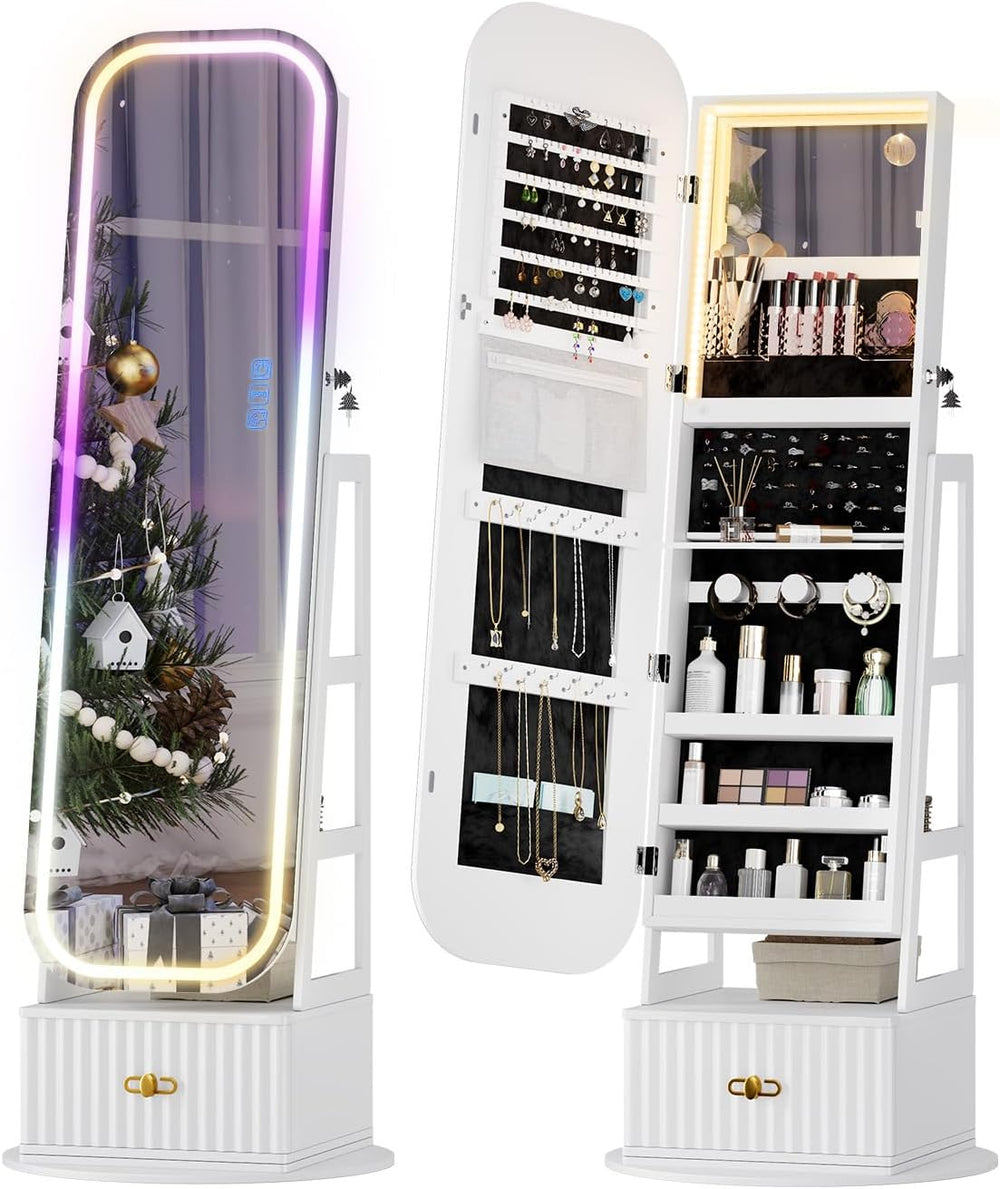 Swivel Jewelry Armoire, Vanity Mirror, Drawers, Lights, White