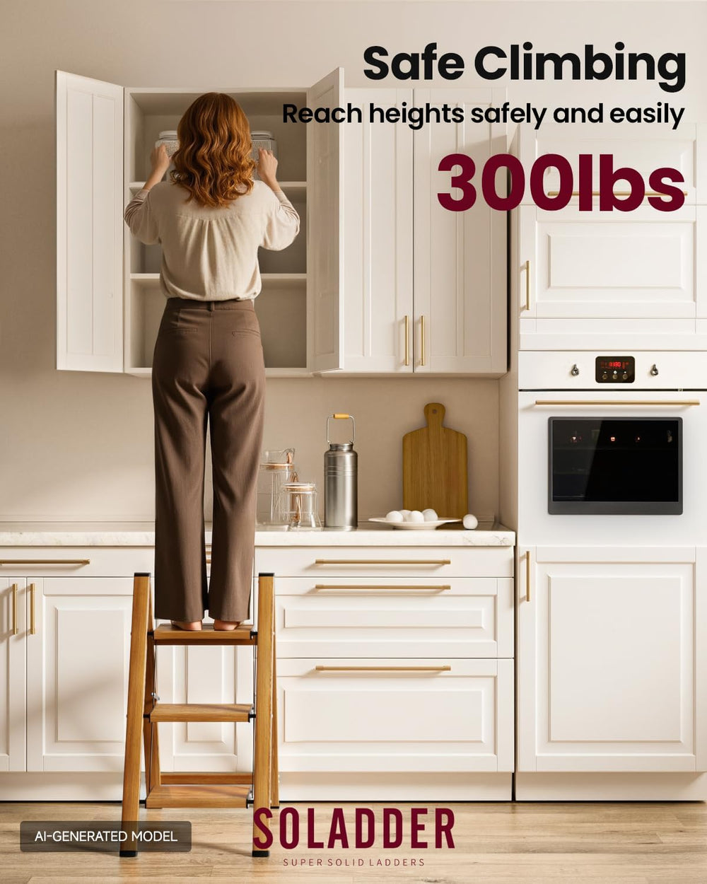 SOLADDER Step Ladder, Folding Step Stool, Lightweight Stepladder, 3 Step, Woo...
