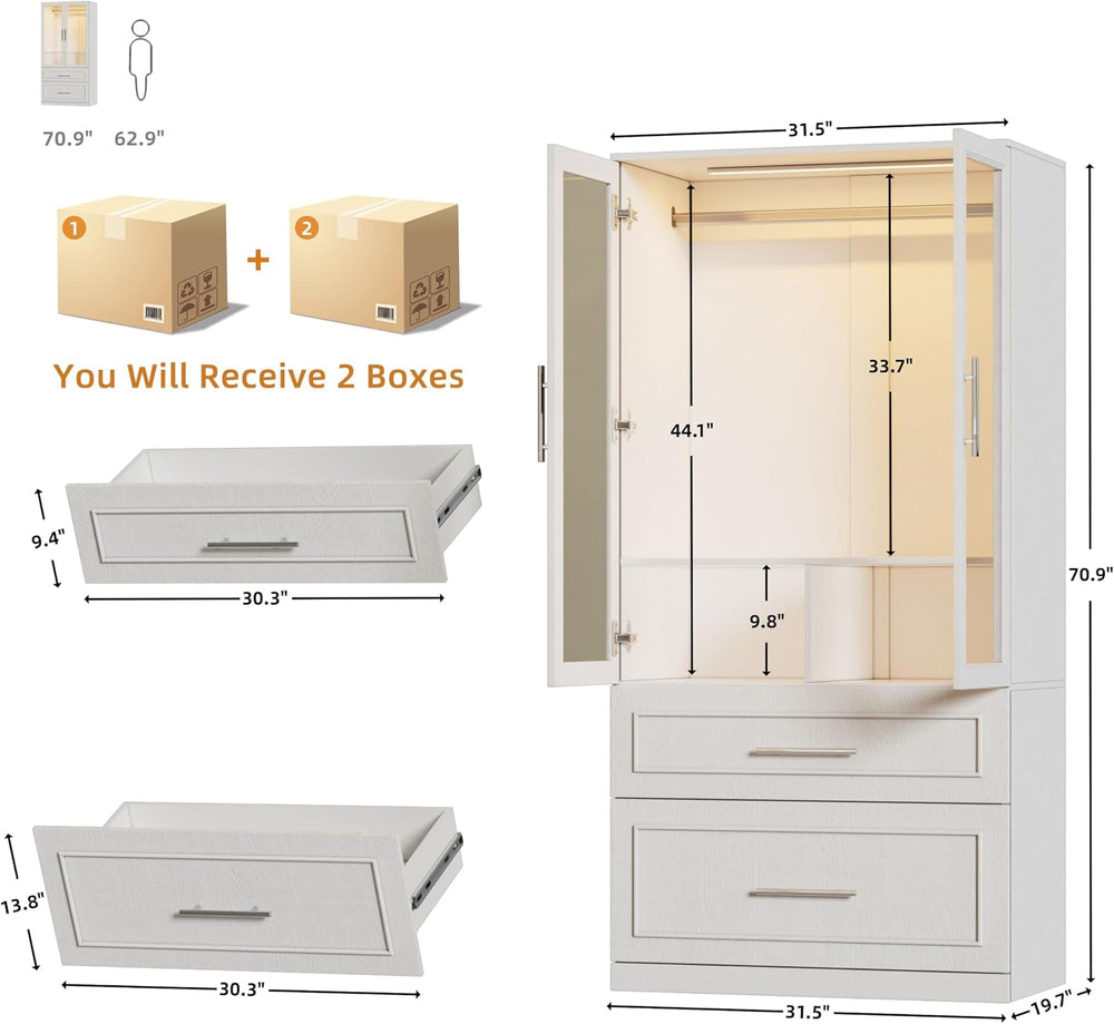 PAKASEPT Armoire Wardrobe Closet with Glass Door and Drawers, Bedroom Closet ...