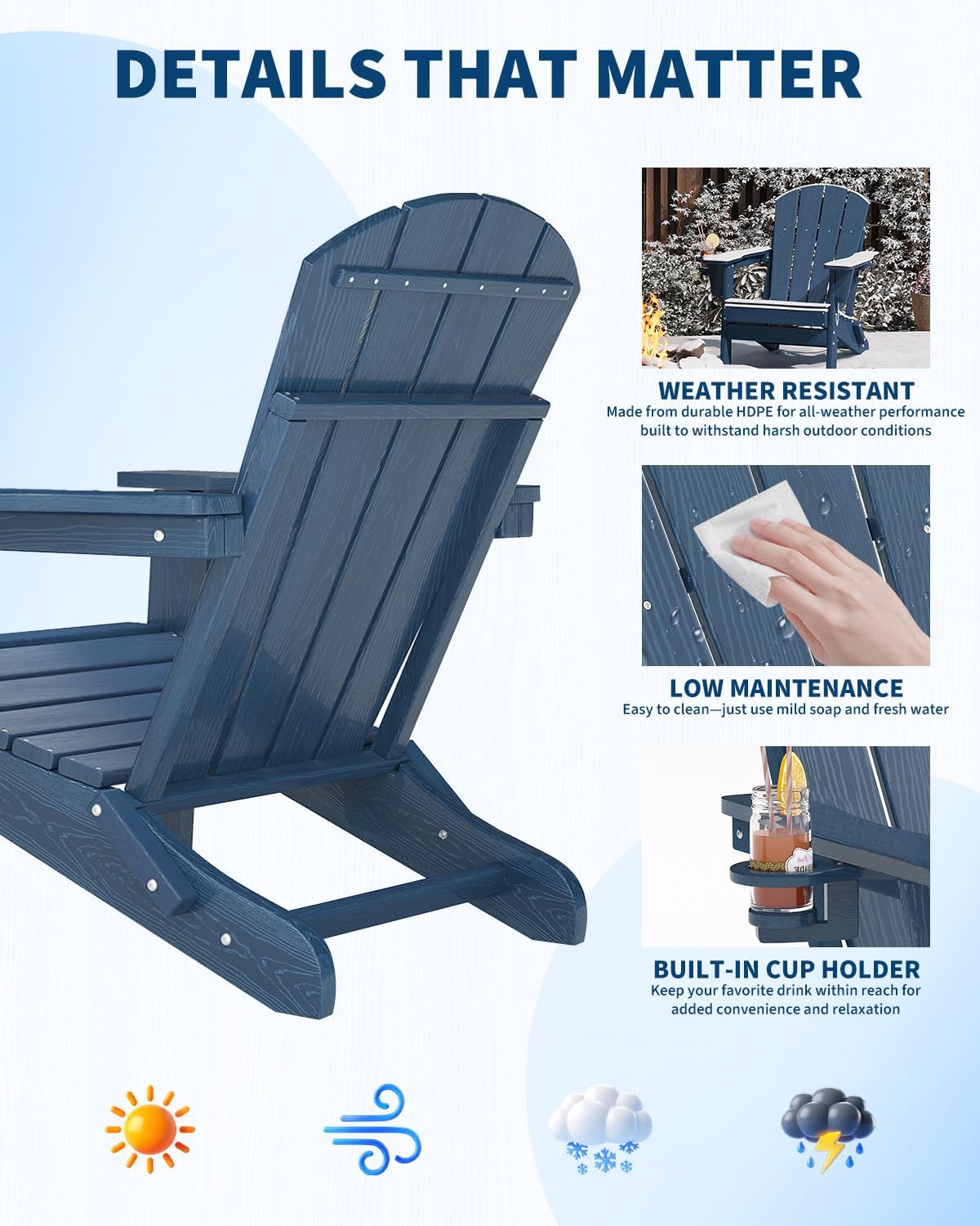 HDPE Folding Adirondack Chair Set of 2 with Side Table, Navy Blue