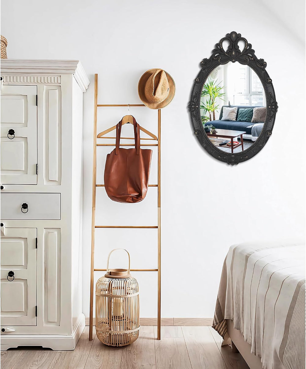 Vintage Black Hanging Mirror, Oval Carved Wood Frame Wall Mounted Mirrors