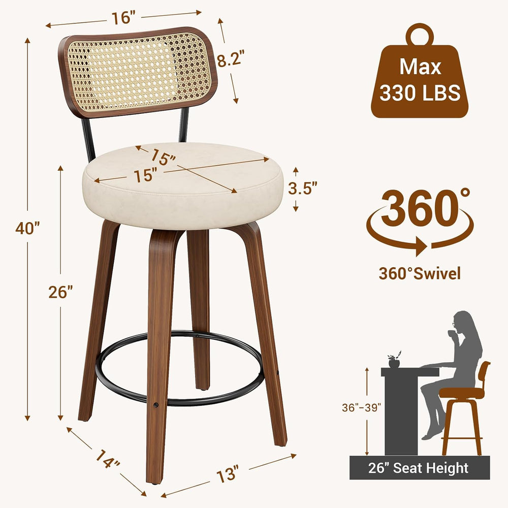 YaFiti 26" Bar Stools Set of 2 with Rattan Backs, Cream White