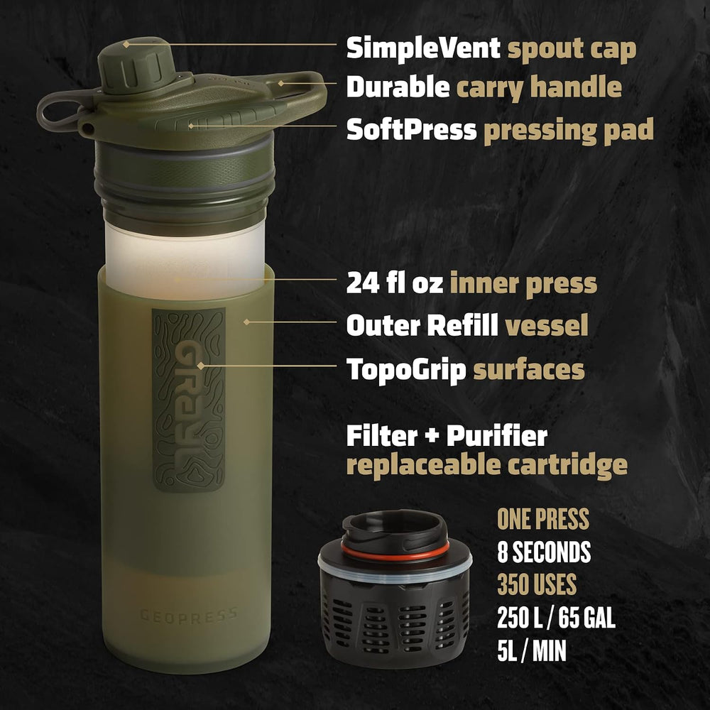 GRAYL GeoPress 24 oz Water Purifier & Water Filter Bottle, Olive Drab