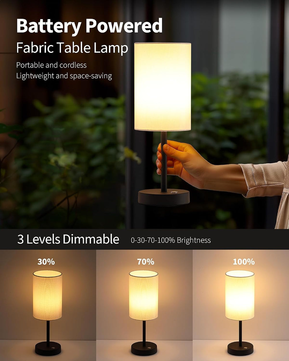 KDG Black Cordless Table lamp, Portable Bedside 4000mAh LED Desk Lamp