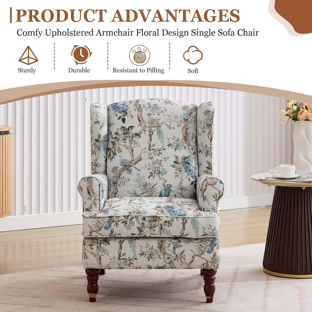 Wingback Chair with Arms for Living Room (Floral Bird, A)