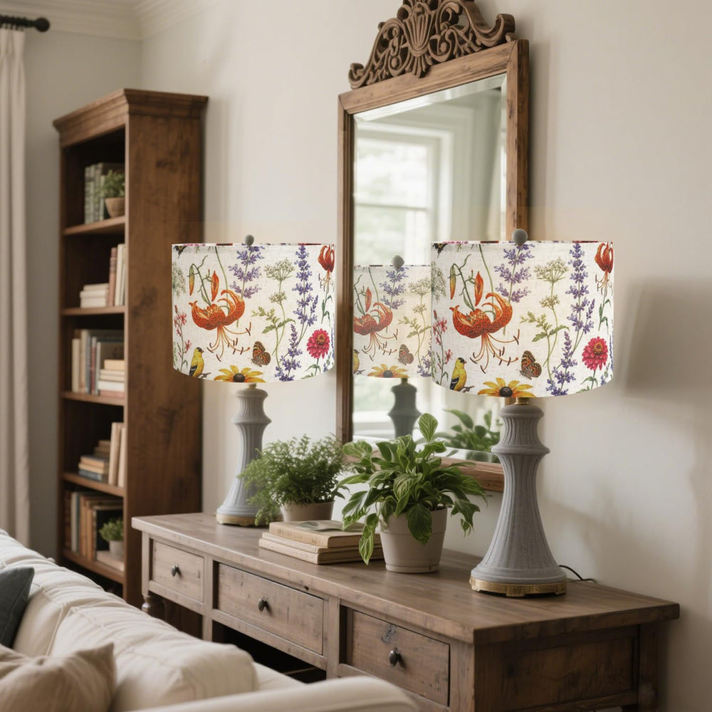 Drum Lampshades, Print Floral Linen Lamp Shade with White Frame