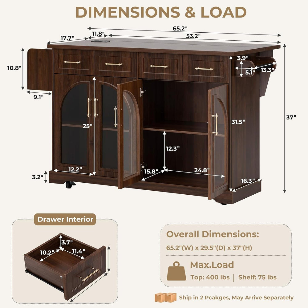 Rovibek 65 inch Rolling Kitchen Island with Storage, Drop Leaf and Power Outl...