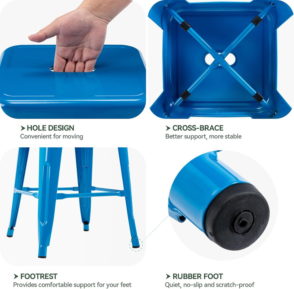 24 Inch Metal Bar Stools Set of 2, Stackable for Indoor Outdoor, Blue