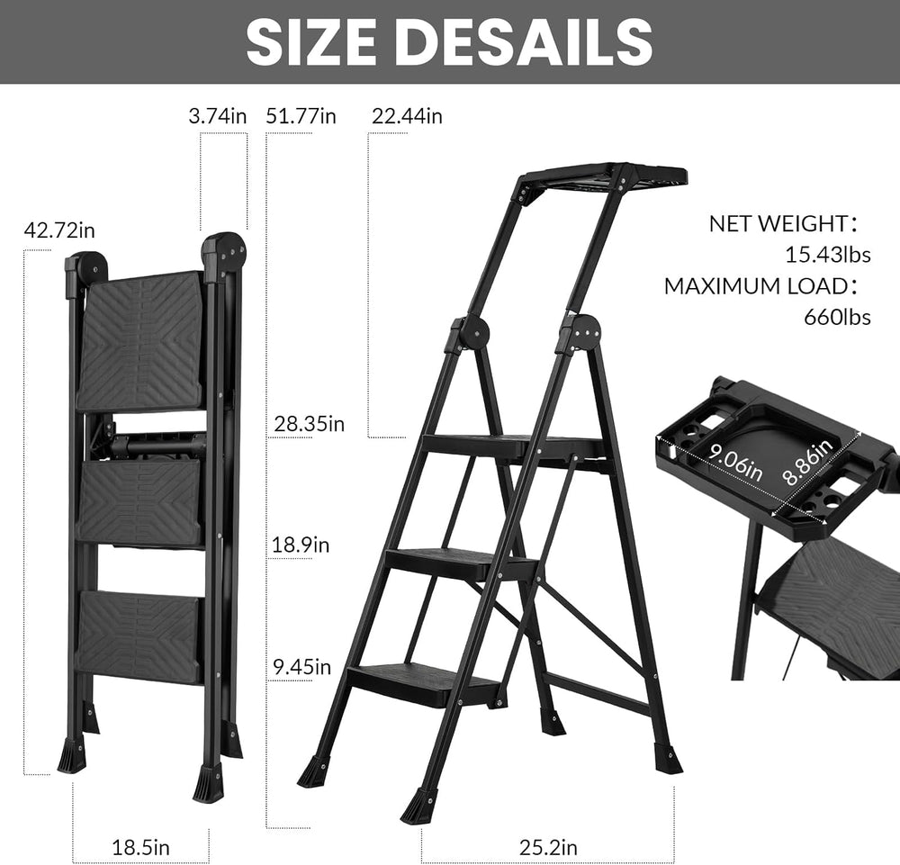 XinSunho 3 Step Stool, Heavy Duty Steel with Foldable Handrail & Tool Tray