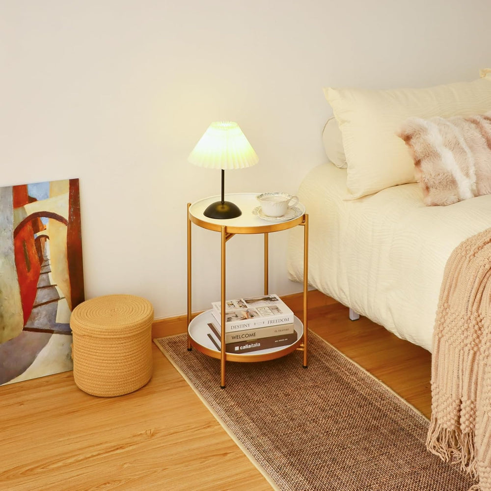 2-Tier Round End Side Table, Small Metal Side Table with Removable Tray, Fold...