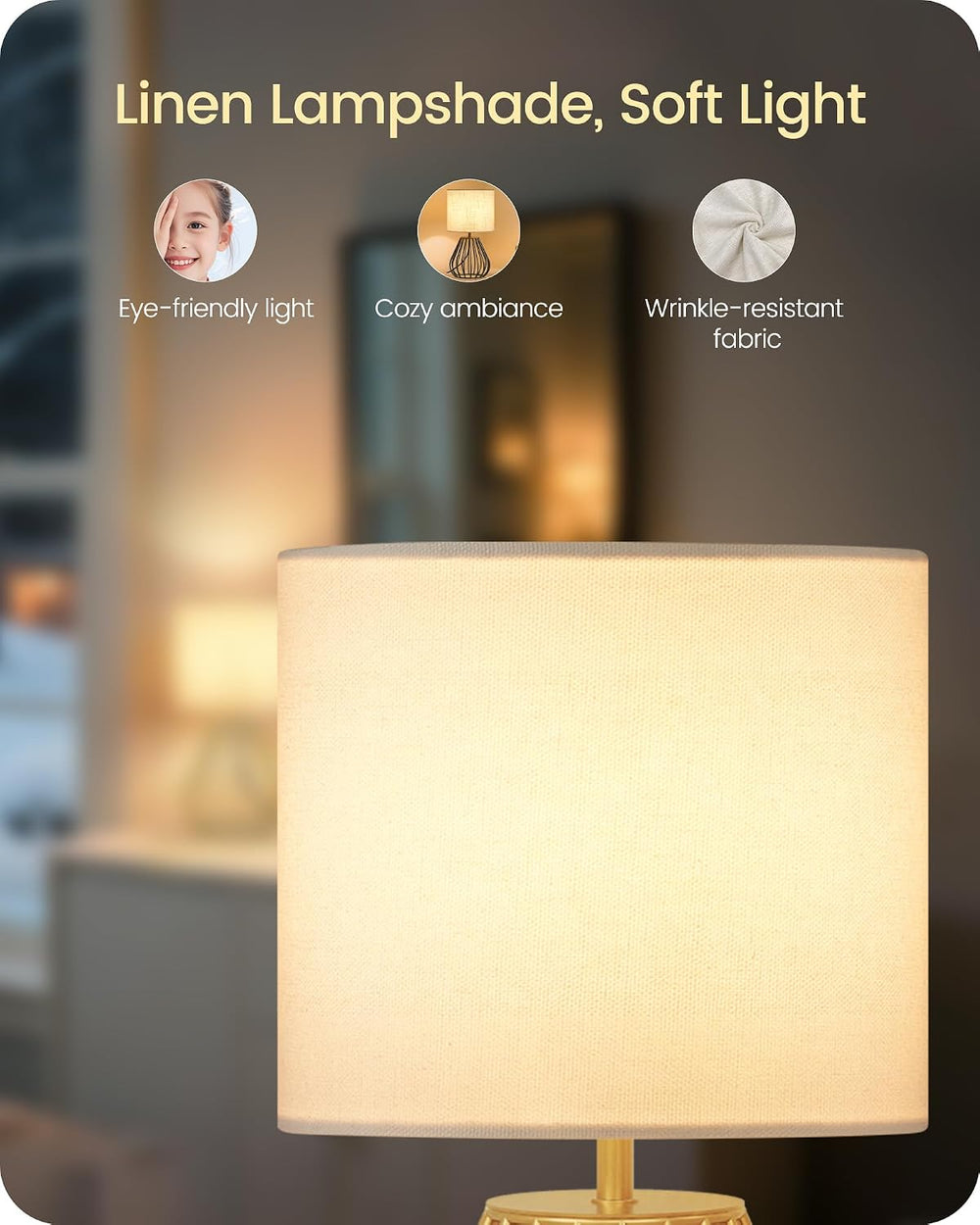 Gold Table Lamp Set of 2, Small Bedside Lamps Set of 2, 2700K LED Bulb Includ...