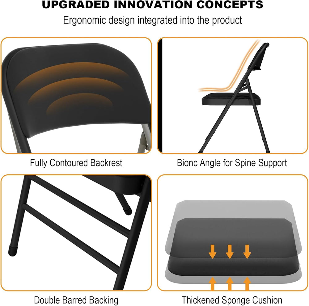 4 Pack Padded Folding Chairs with Fabric Cushion and Back, Charcoal Black